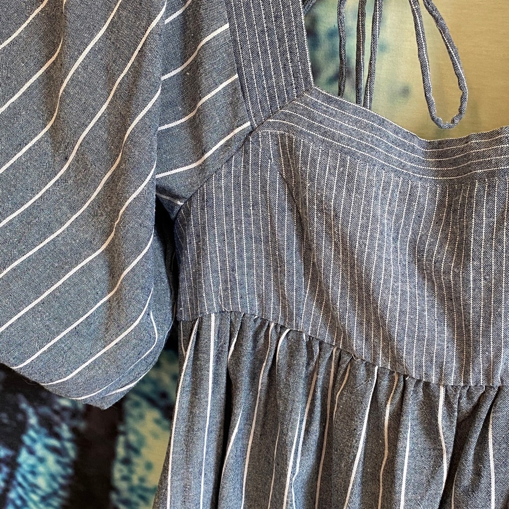 Free People blue and white Striped Mini Dress open back puff sleeves denim like - Picture 6 of 12